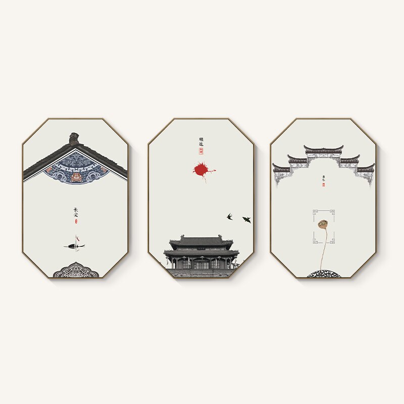 禅意八边形微派建筑装饰画新中式玄关挂画客厅沙发背景墙三联定做