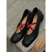 敦绿岛·硝烟玫瑰 ROSE撞色方头粗跟4cm交叉绑带芭蕾