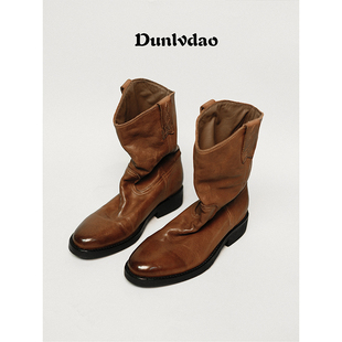 敦绿岛·那拉提｜自然堆堆靴秋冬西部牛仔靴真皮复古软底中筒靴