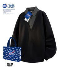 NASA STUSY美式高街2025新款秋冬装男款情侣加绒衬衫领假两件卫衣