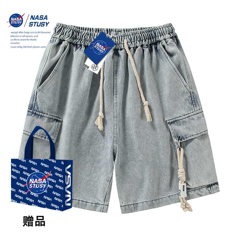 NASA STUSY夏季男百搭工装牛仔短裤美式休闲做旧帅气五分裤