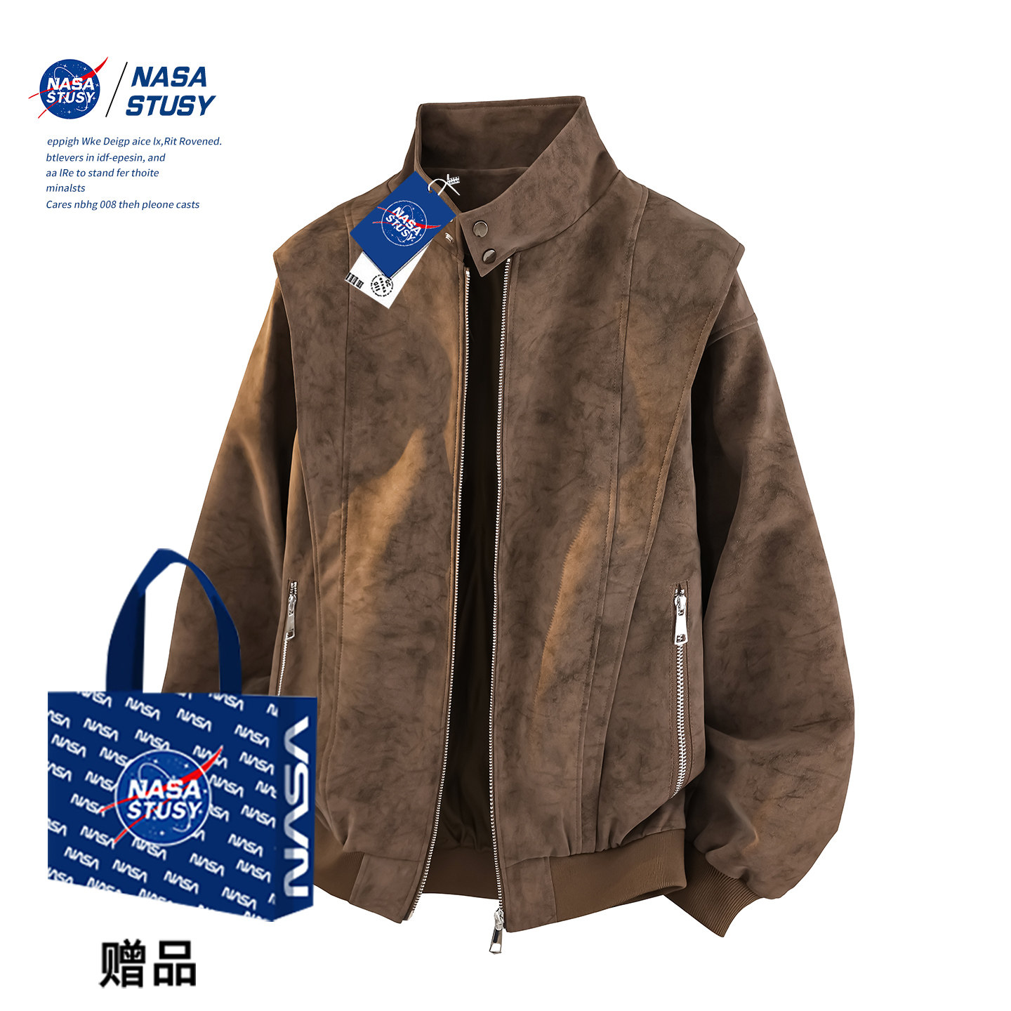 NASA STUSY美式复古2026春秋装新款男款飞行员夹克皮衣外套机车服