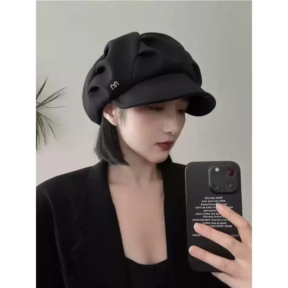 网红褶皱毛呢云朵帽子女春秋季