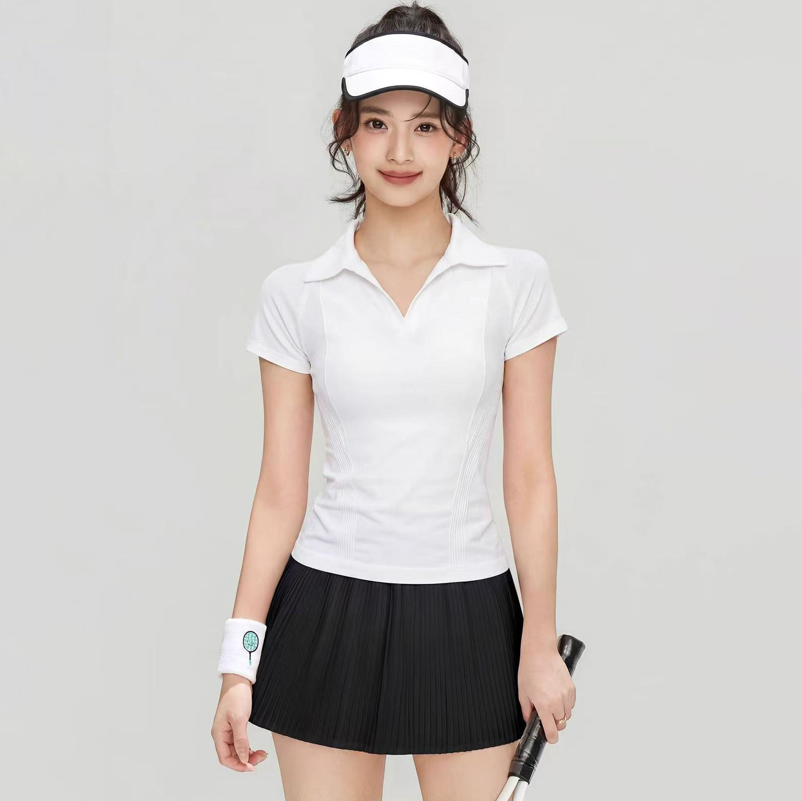 速干健身服上衣女修身羽毛球瑜伽T恤POLO正肩运动短袖网球套装夏