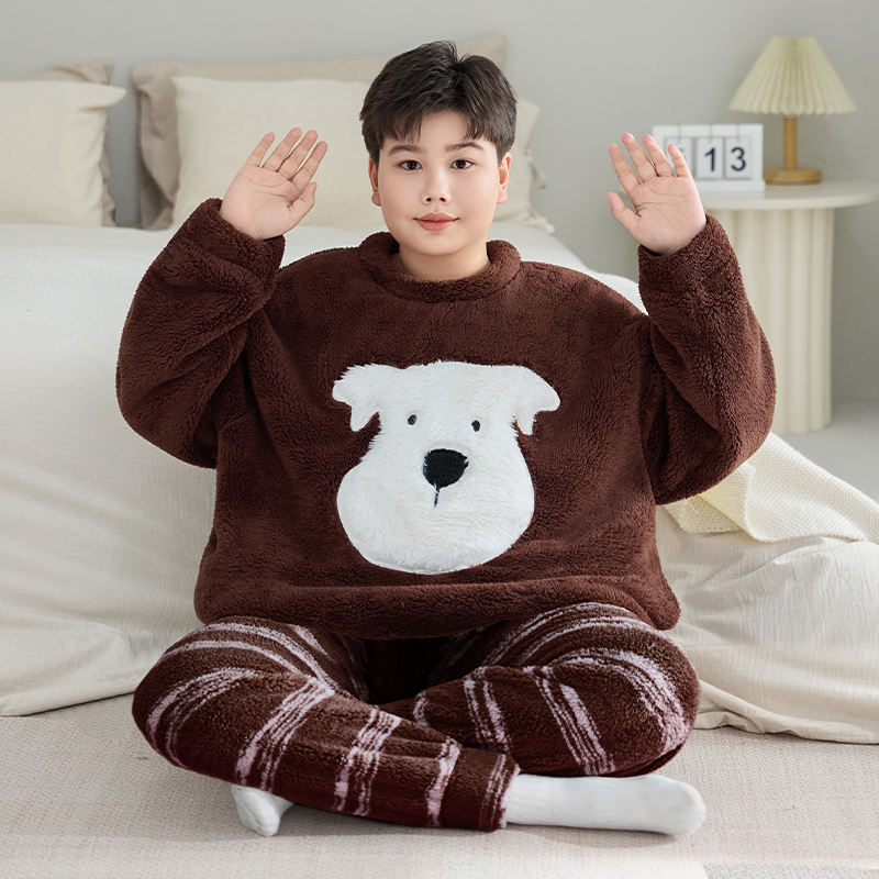 冬季加厚珊瑚绒睡衣男童青少年休闲秋冬款法兰绒家居服加肥加大码