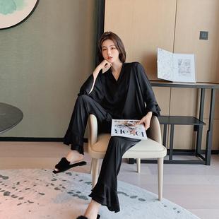 女仿真丝纯薄款 20士22秋春睡衣女RWUins风冰色雪丝休闲套装 家居服