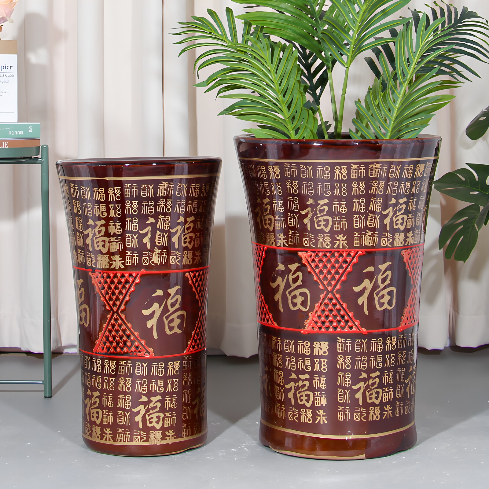 陶瓷花盆螺纹高筒中式细长客厅图片
