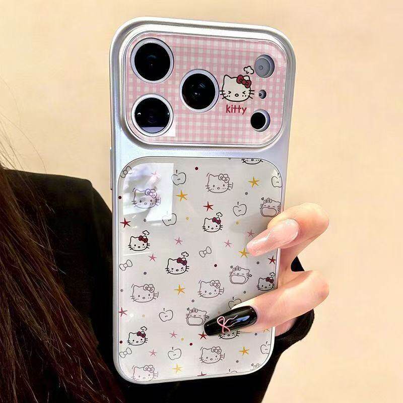 粉色格纹kitty猫适用苹果17手机壳可爱iPhone16promax保护套ip15玻璃壳女款高级感14pro防摔壳镜头全包13外壳