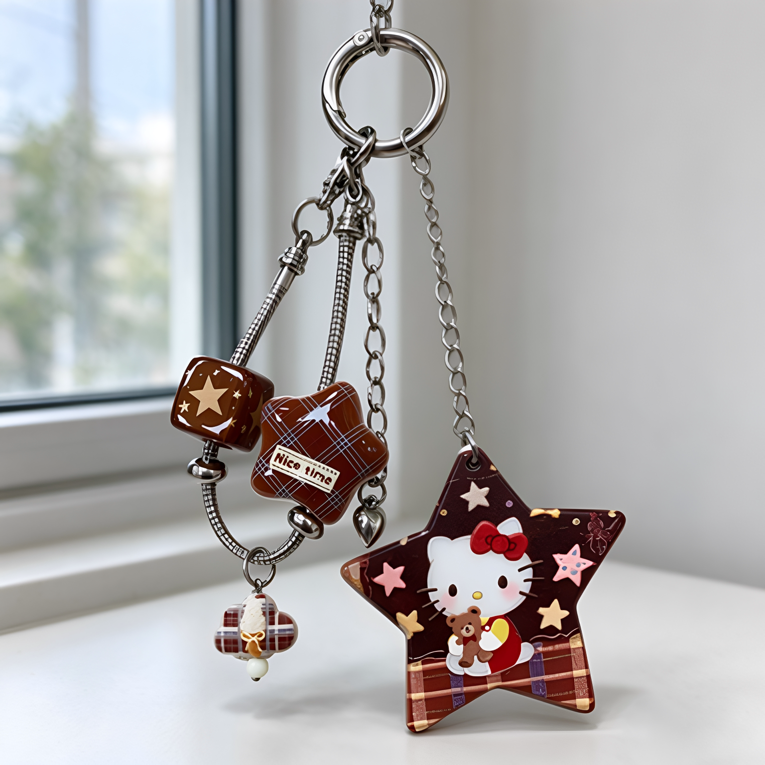 棕色星星kitty猫手机链蛇骨手机挂绳新款银色金属挂件ccd相机挂链手提防摔链条高级感包包吊坠网红百搭钥匙扣