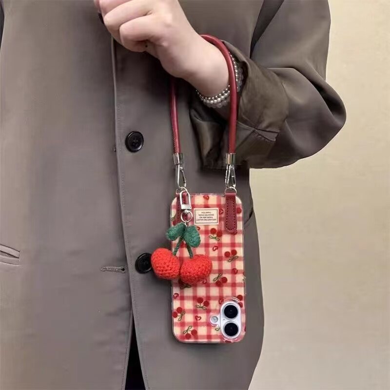 格纹樱桃适用苹果17pro手机壳iPhone16保护套新款vivox200外壳华为pura80防摔壳高级感小米15个性创意14/13