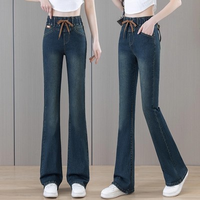 松紧腰微喇牛仔裤女士冬季加绒加厚大码小个子弹力显瘦喇叭裤子秋