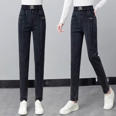 高腰牛仔裤女春秋季2025年新款修身松紧腰加绒小个子紧身小脚裤冬