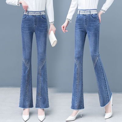 微喇牛仔裤女高腰2025年新款松紧腰九分烫钻时尚毛边复古喇叭裤子
