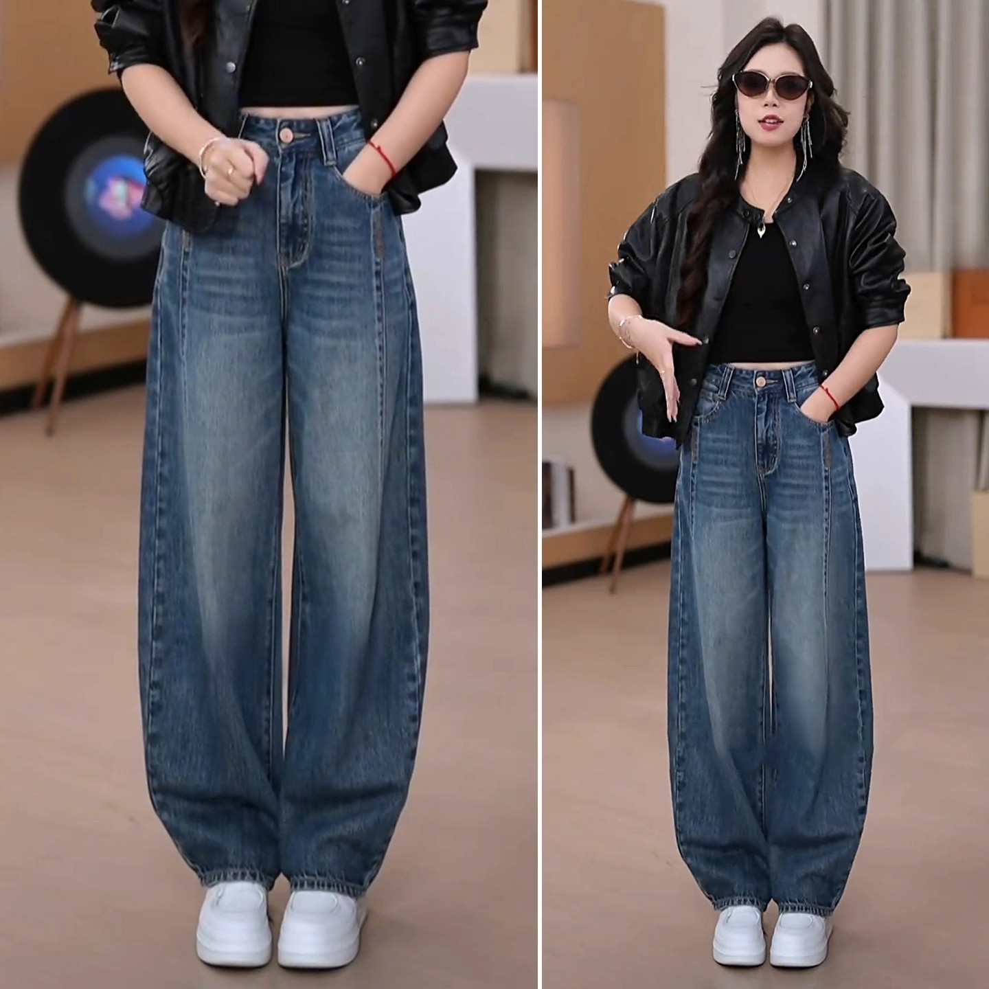 今年流行黑灰色弯刀牛仔裤女秋冬2025新款设计感磨白直筒阔腿裤子