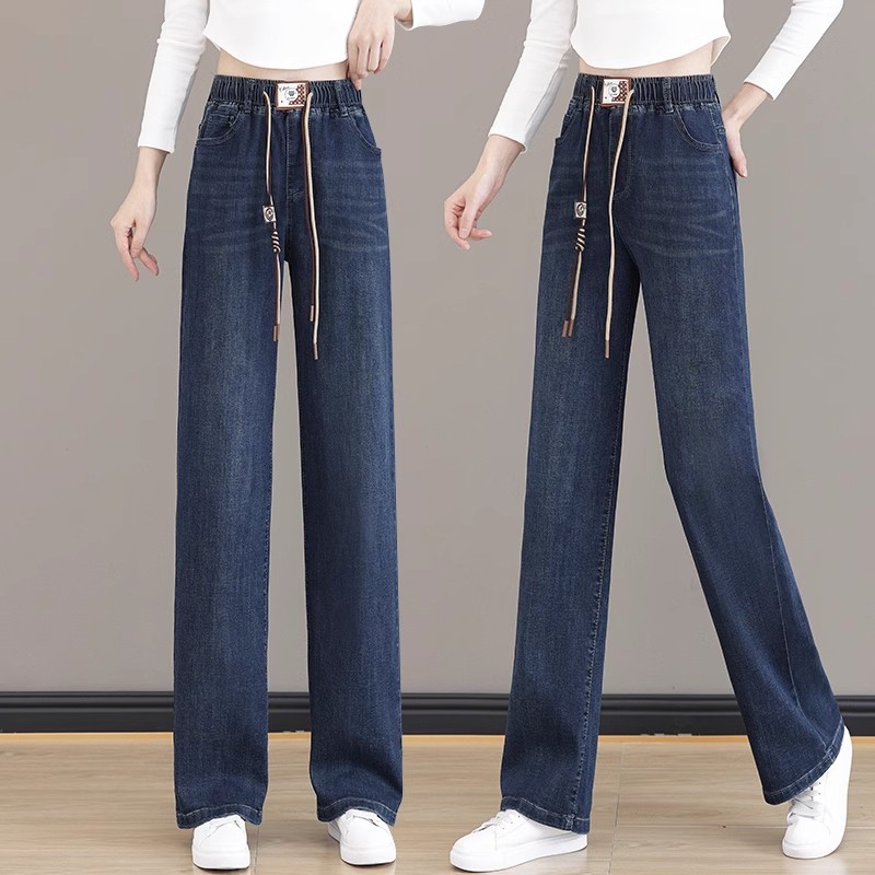 新塘女裤牛仔裤女2025年新款春款直筒裤子女松紧腰长裤窄版阔腿裤