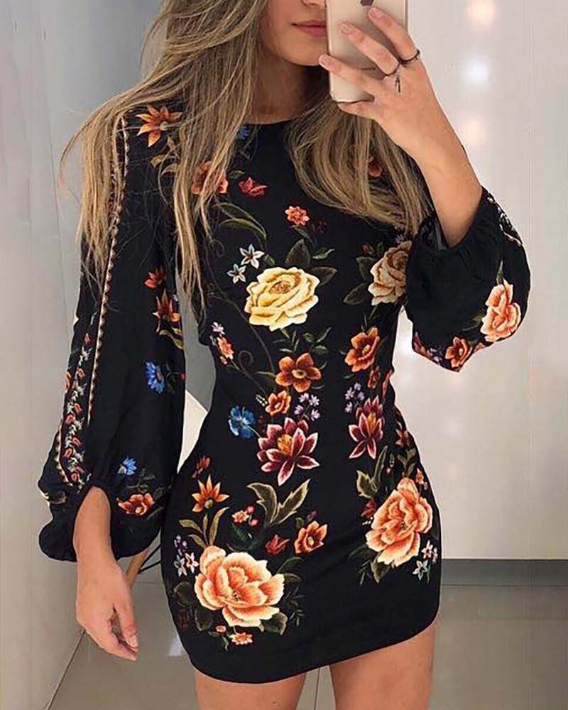 Cutout Back Sleeve Floral Bodycon Dress复古露背长袖连衣裙