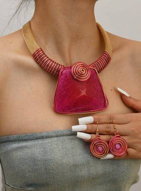 necklace women欧美大牌夸张手工编织几何压克力宝石项炼女士派对