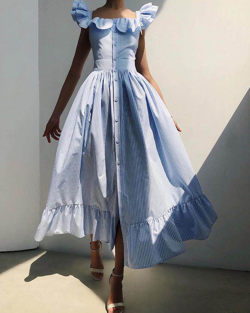 Women Striped Print Ruffles Dress条纹荷叶边收腰连衣裙