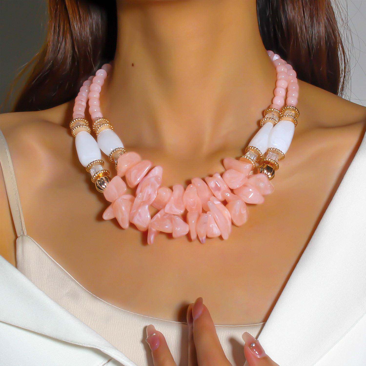欧美时尚锁骨颈链双层不规则异形珠子项链Beaded necklace women