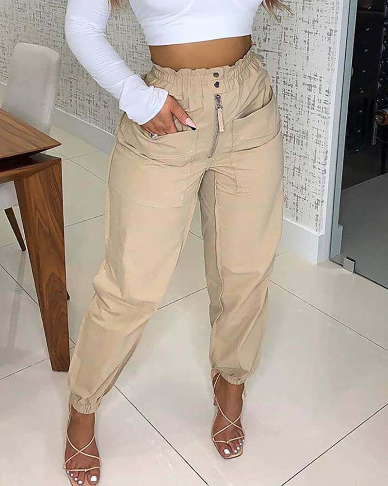 Zipper Button Pocket Design Shirring Detail Pants休闲裤女