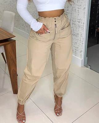 Zipper Button Pocket Design Shirring Detail Pants休闲裤女