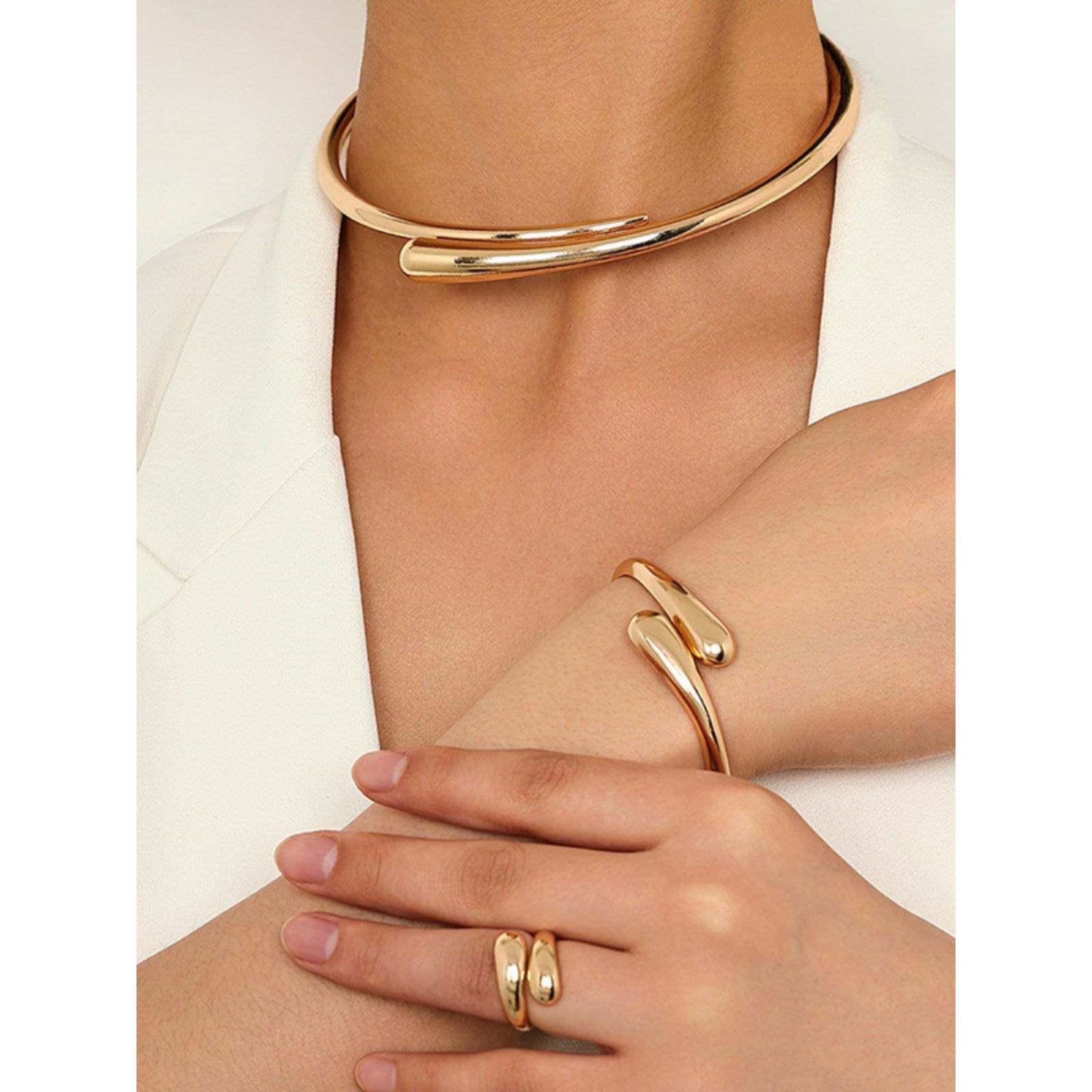 欧美时尚简约金属气质几何光面女项圈圆形手镯戒指首饰necklace