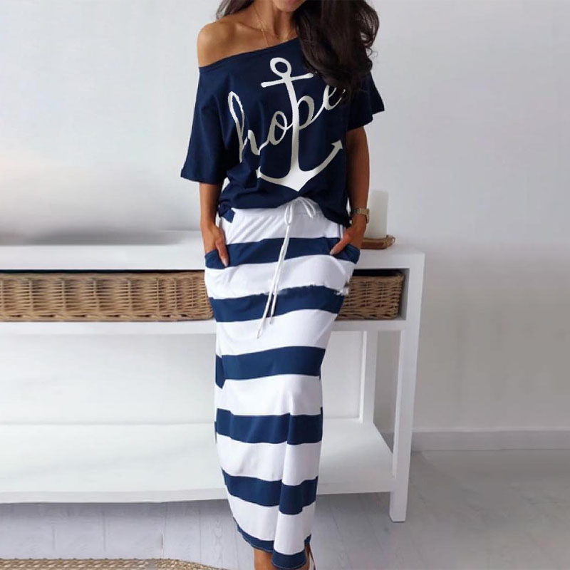 Two piece set women skirt suits条纹船锚印花短袖T恤+半身裙套