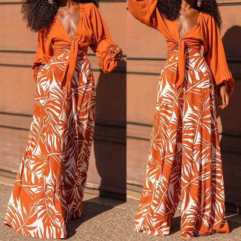 印花裤子V领上衣长袖两件套 Printed Pants V-neck Top Set