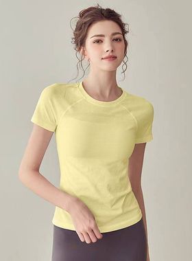 黄色运动T恤女2025夏季新款透气速干瑜伽上衣外穿跑步健身训练服