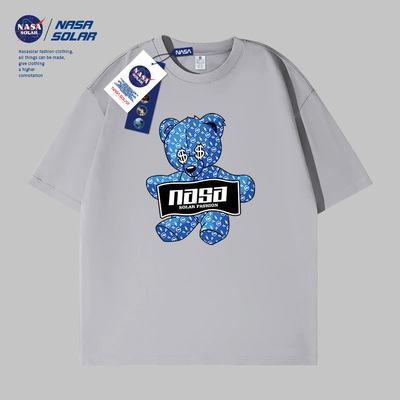NASA联名美式复古潮牌印花半袖透气夏季宽松休闲情侣套头上衣XW