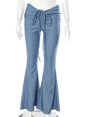 Solid color pleated lace up flare pants 纯色抽褶系带喇叭长裤