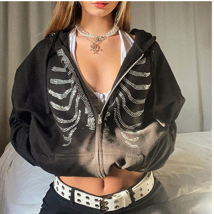 欧美街头潮流休闲风胸骨烫钻连帽薄款卫衣女 Women loose sweater