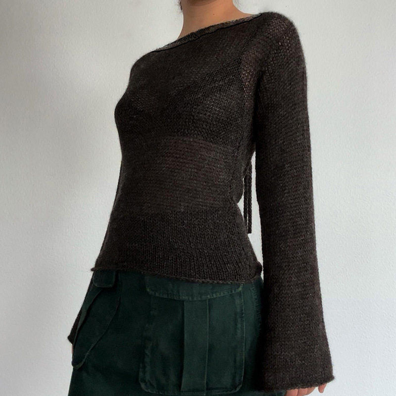 Pullover Casual Y2K Tie Back Sweaters Women Long Sleeve Boat