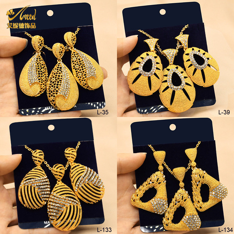 24K gold Dubai bride full Diamond Necklace Earring Set