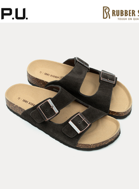 CPU男款25秋新品双带牛皮磨砂皮勃肯休闲凉鞋软木平底舒适拖鞋RO