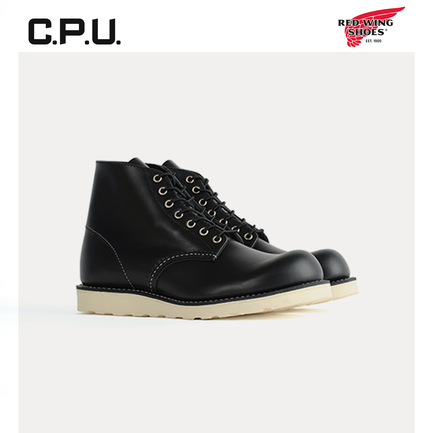 红翼8165黑色圆头牛皮工装靴