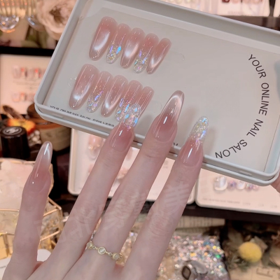 【焦糖奶霜】法式极光猫眼裸色渐变纯手工穿戴甲中长款显白美甲贴