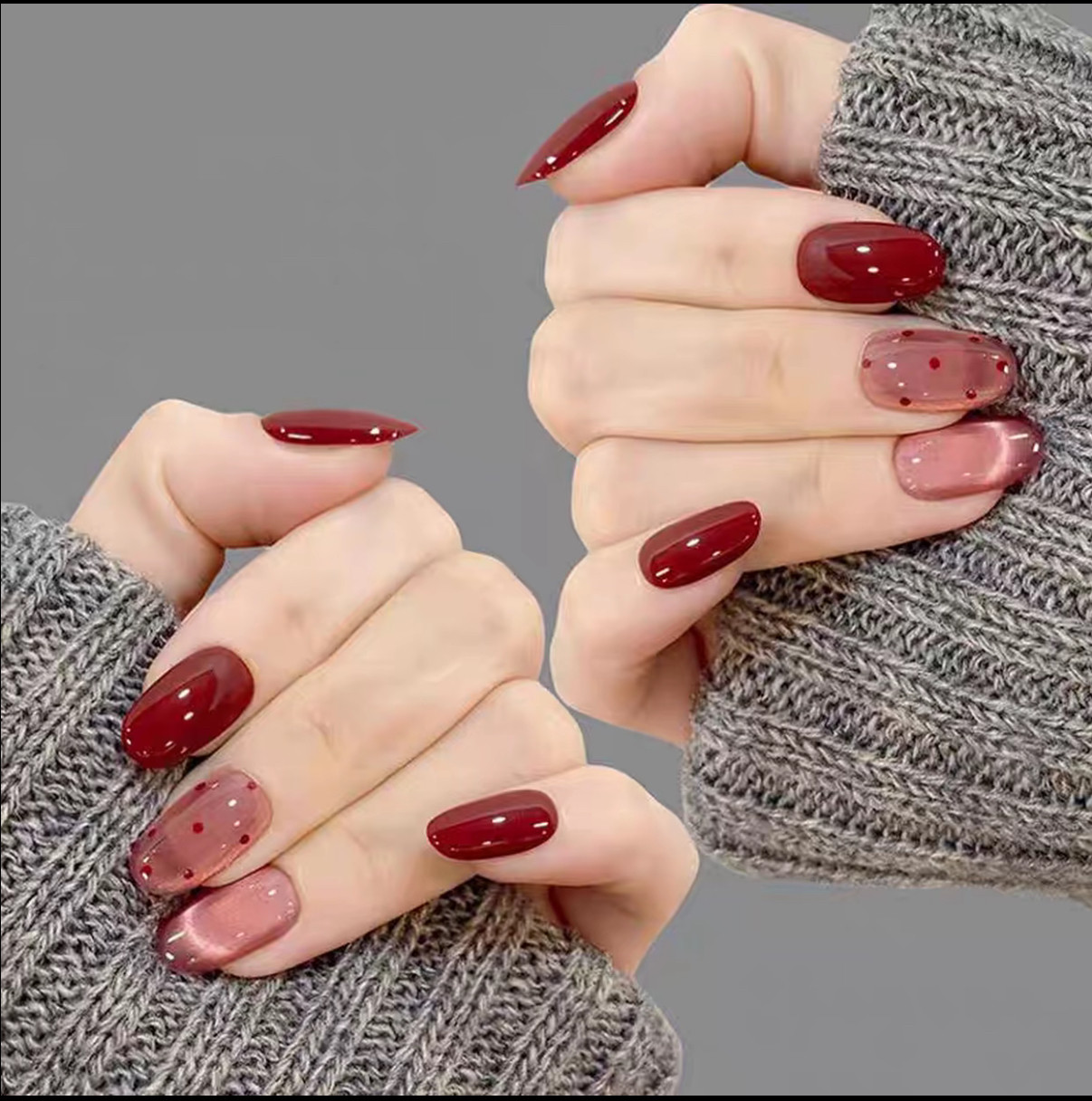 车厘子红手绘波点法式猫眼纯手工美甲穿戴甲短款高级感秋冬新年,彩妆/香水/美妆工具,穿戴甲/甲片,淘宝优惠券,粉丝福利购,淘宝优惠卷