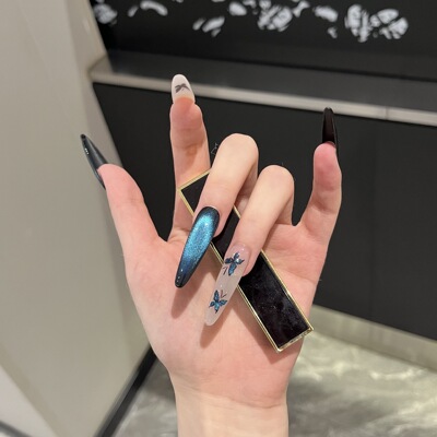 【蓝幻蝶】纯手工穿戴甲高级感甜酷灵动蝴蝶玻璃珠猫眼美甲贴片