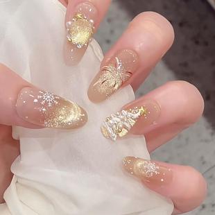 烟花圣诞树冰花星星高端爆闪氛围感美甲圣诞穿戴甲中长款秋冬初雪