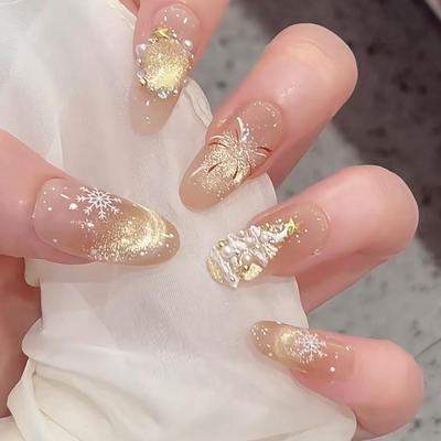 烟花圣诞树冰花星星高端爆闪氛围感美甲圣诞穿戴甲中长款秋冬初雪