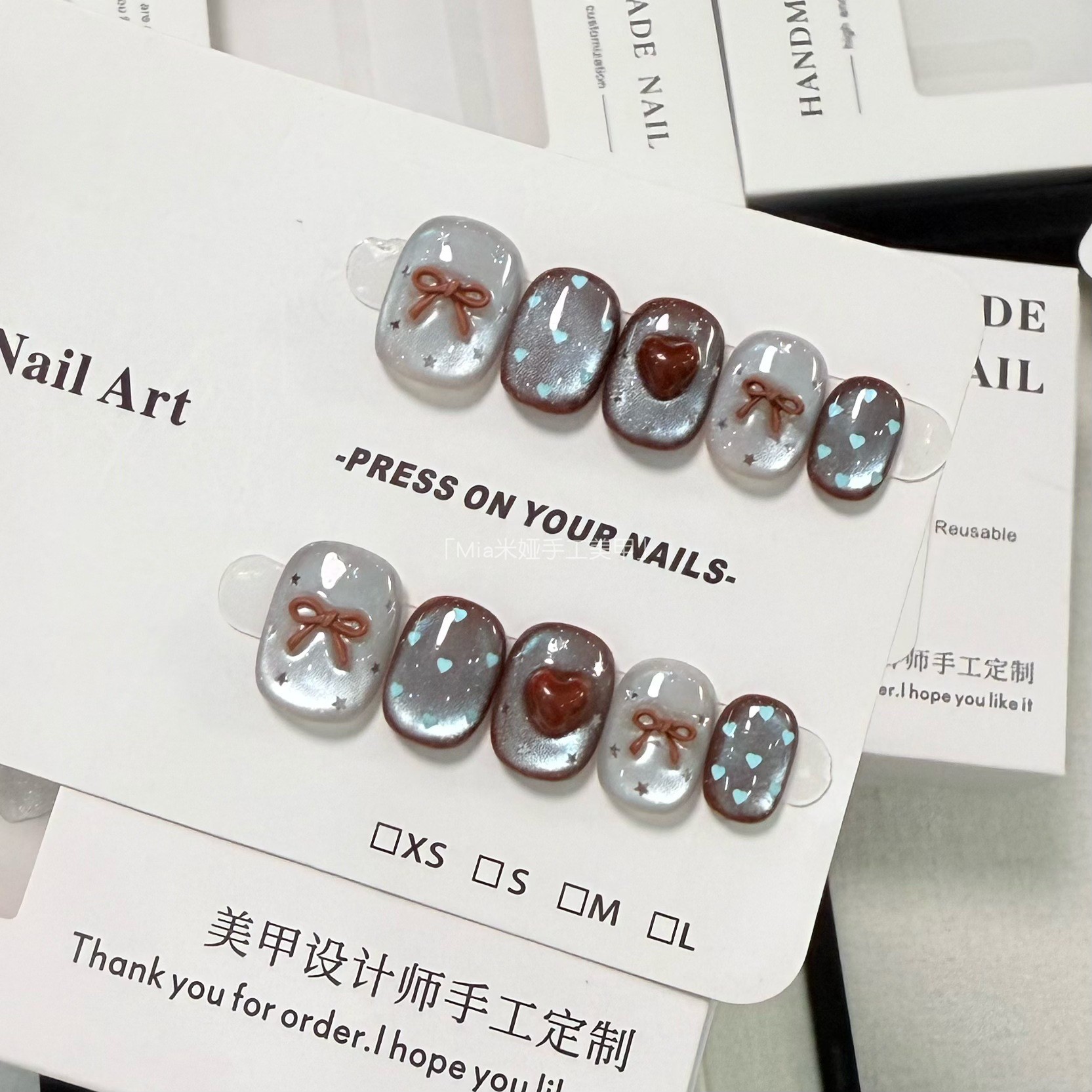 【下午茶】甜酷蓝棕猫眼爱心美甲蝴蝶结显白纯手工穿戴甲秋冬短款