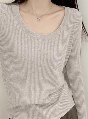 新款秋装深灰色u领低领内搭打底衫女早秋秋高级感修身t恤上衣