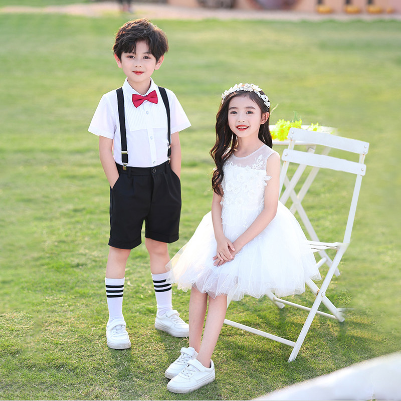 六一儿童节演出服小学生女童白色蓬蓬裙男童背带裤幼儿园表演服装