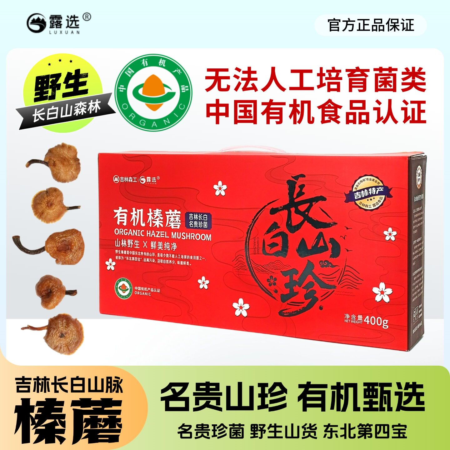 露选长白山有机榛蘑东北野生蘑菇干货山珍精选高品质400g礼盒装