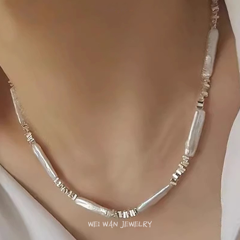天然淡水巴洛克小银条珍珠项链