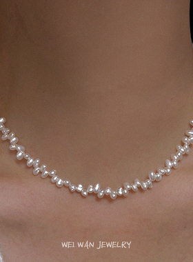 天然淡水珍珠项链小巴洛克新款小众错位不规则法式复古锁骨链颈链