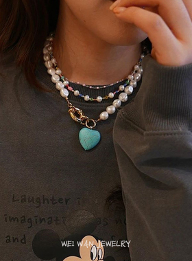 天然淡水异形珍珠绿松石爱心项链