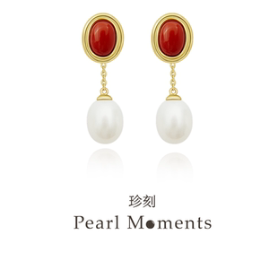 椭圆天然淡水珍珠耳线耳环 小团圆 PEARL MOMENTS南红