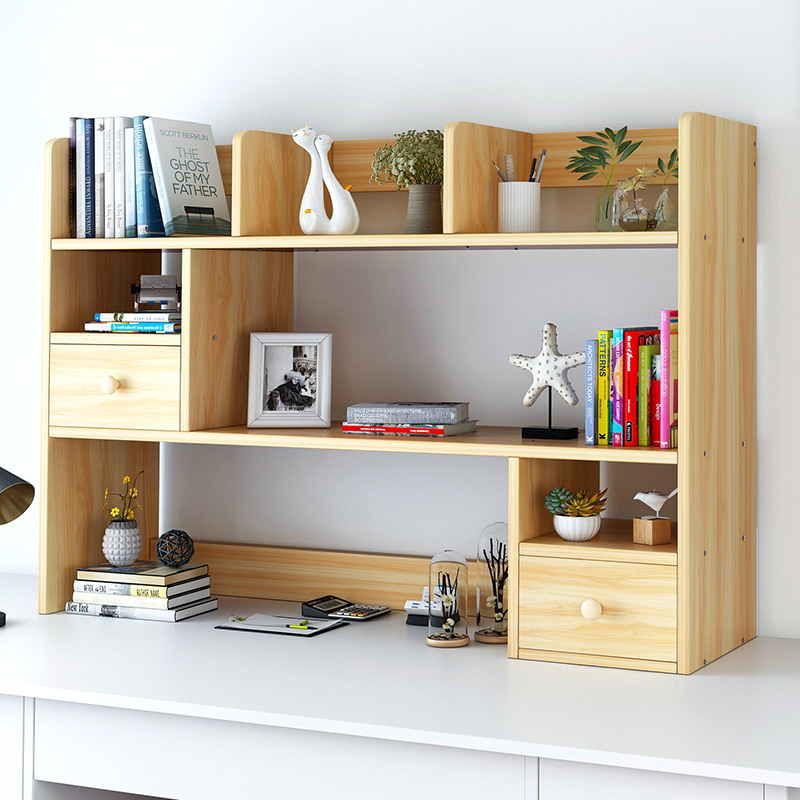 The bookshelf desk holds a simple student desktop bookcase